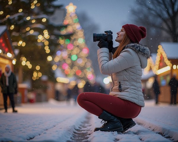 Young woman photographing in snowy winter market scene