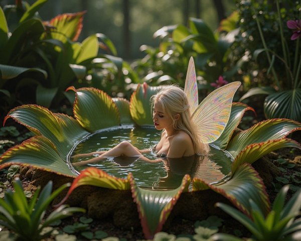 Fairy with Iridescent Wings in Lush Water Lily Scene
