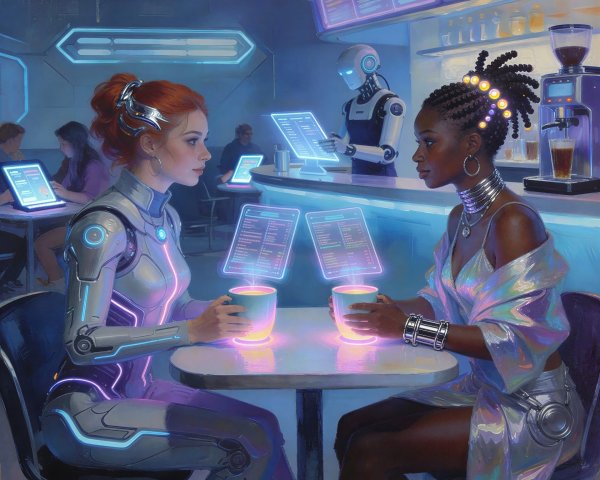 Futuristic Cafe Scene with Women and Holographic Menus