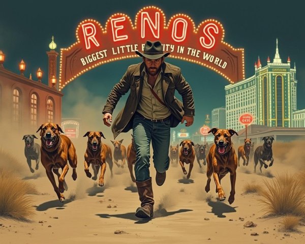Cowboy in Desert with Dogs and Neon Reno Sign