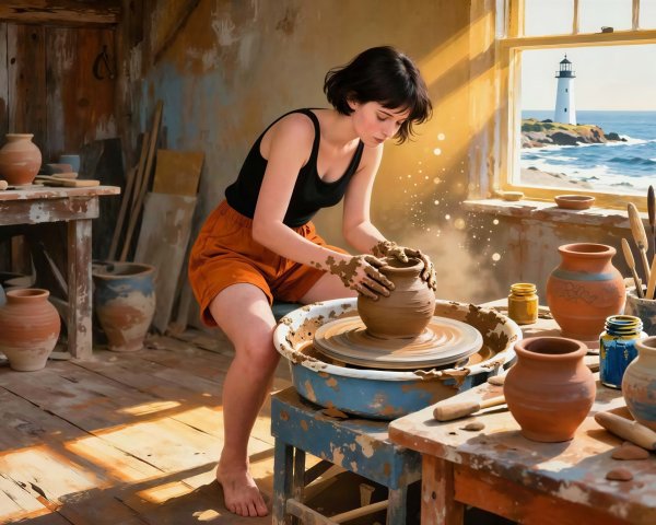Young woman shaping clay on a potter's wheel indoors