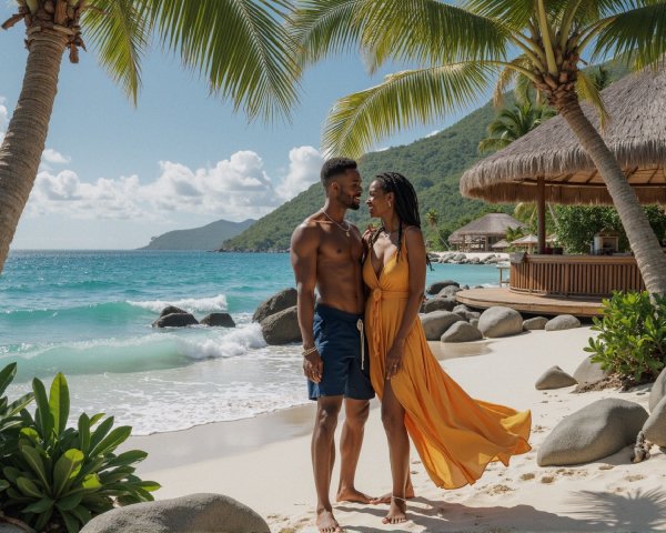 Romantic Beach Scene with Couple and Lush Palm Trees
