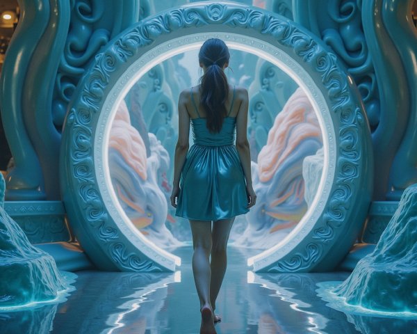 Young woman in blue dress walks through glowing archway