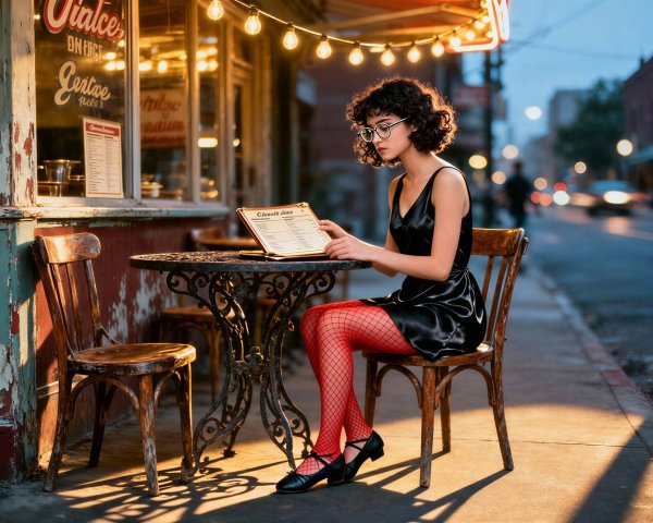 Young woman reading a menu at a diner at dusk