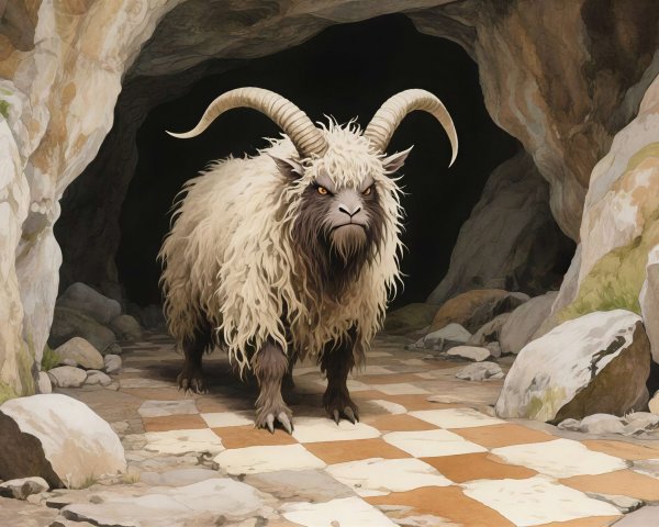 Fluffy Horned Monster in Dark Cave with Checkered Tiles