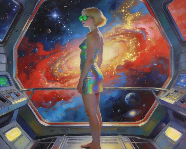 Blonde Woman in Holographic Dress Inside Spaceship