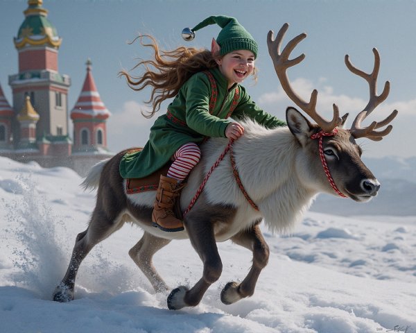 Child Elf Riding Reindeer in Snowy Fairytale Scene
