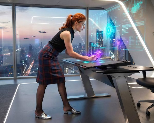 Woman with red-auburn hair using a holographic display