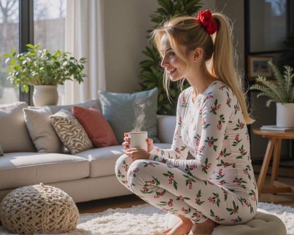 Cozy Living Room Scene with Young Woman and Tea