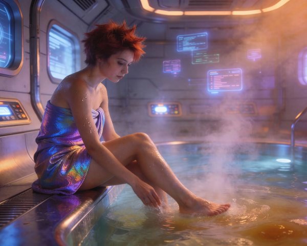 Anime woman in futuristic hot tub with data displays