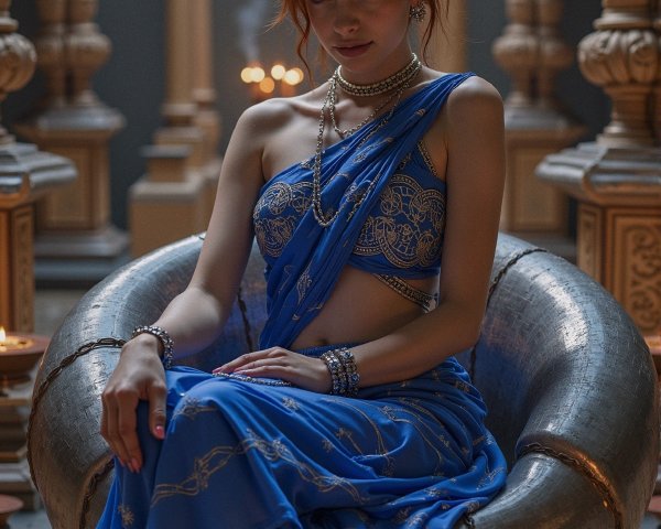Young woman in blue saree seated in a decorative setting