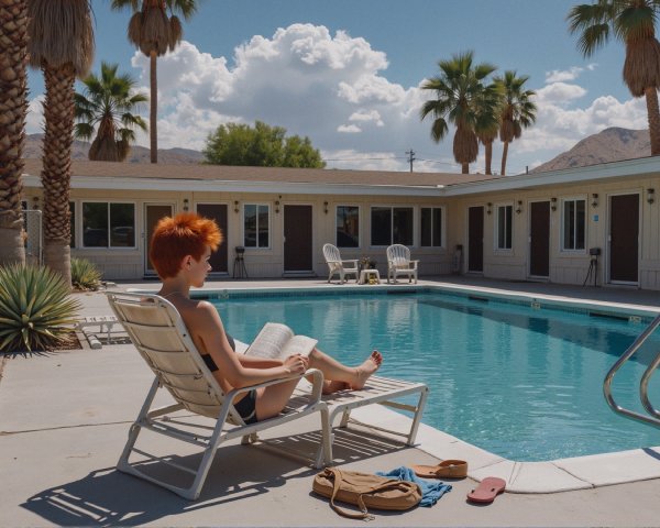 Boy with red hair reading by poolside under sun
