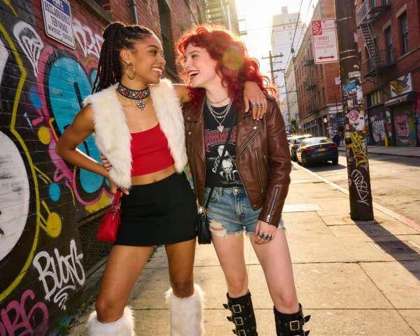 Women in Colorful Urban Setting with Graffiti Background