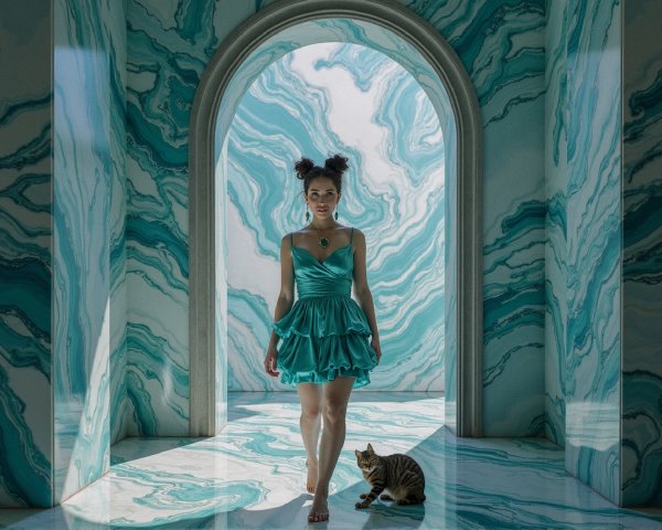 Young Woman in Teal Dress in Marble-Adorned Room