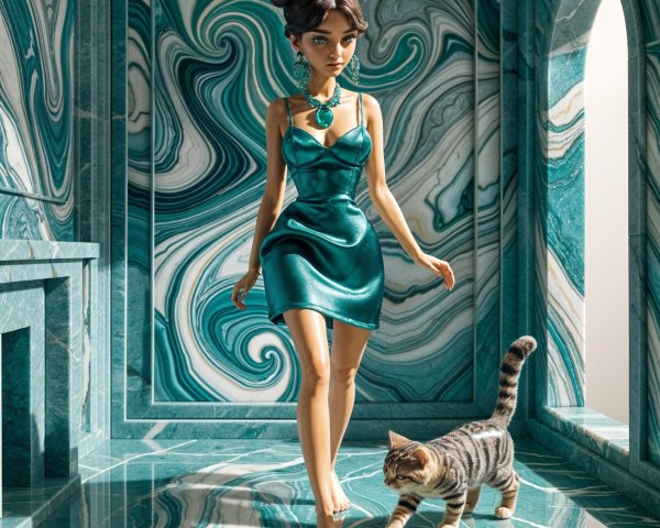Stylish Doll in Teal Dress with Striped Cat in Room