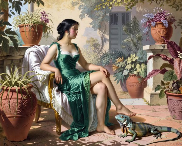 Woman in Green Dress on Patio with Iguana and Plants
