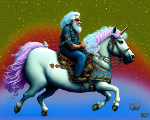 Unicorn with Rainbow Mane in Starry Background
