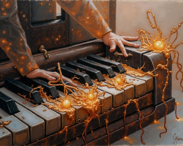 Surreal Piano Scene with Vibrant Energy and Light