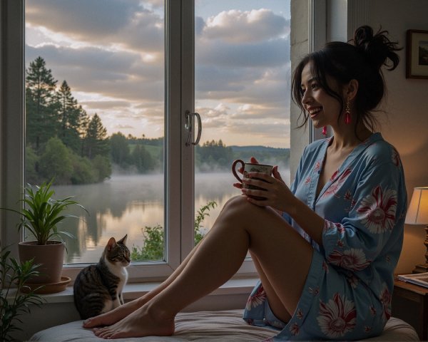Woman in Floral Robe with Cat by Window