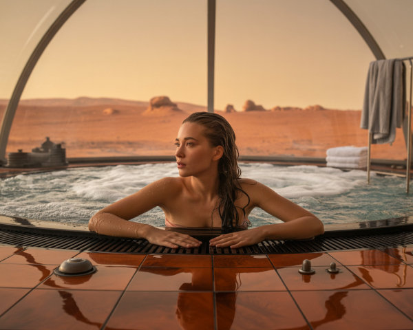 Luxurious Spa Scene with Sunset Views and Hot Tub