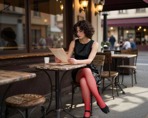 Young woman at outdoor cafe with rustic decor
