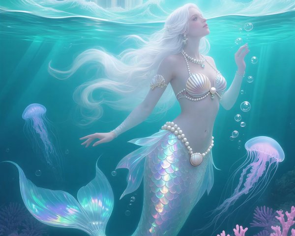 Full-body digital painting of a white-haired mermaid