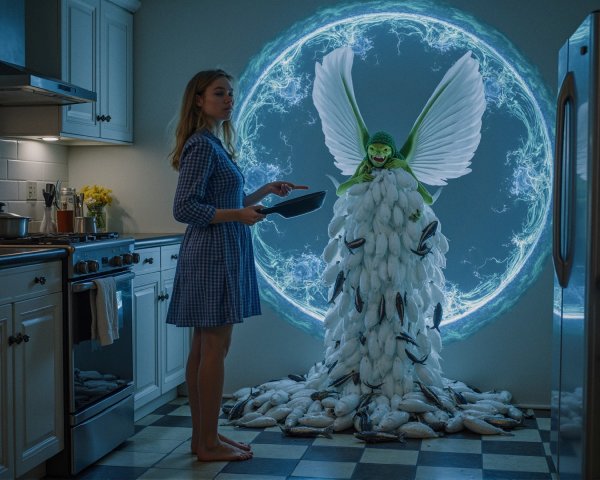 Surreal Kitchen Scene with Fantasy Elements and Characters