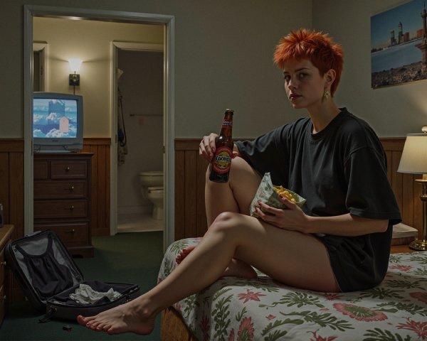 Young person with orange hair in motel room setting