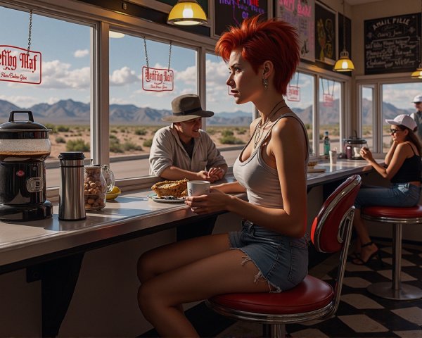 Vibrant Diner Scene with Woman and Desert View
