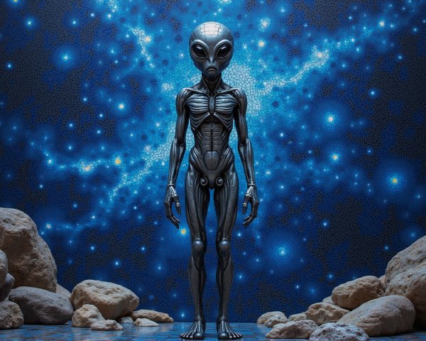 Futuristic Alien Figure in Cosmic Scene with Rocks