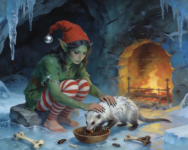Fantasy Art of Elf Girl in Frozen Cave Setting