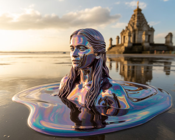 Sculpture of Woman in Iridescent Pool with Temple Backdrop
