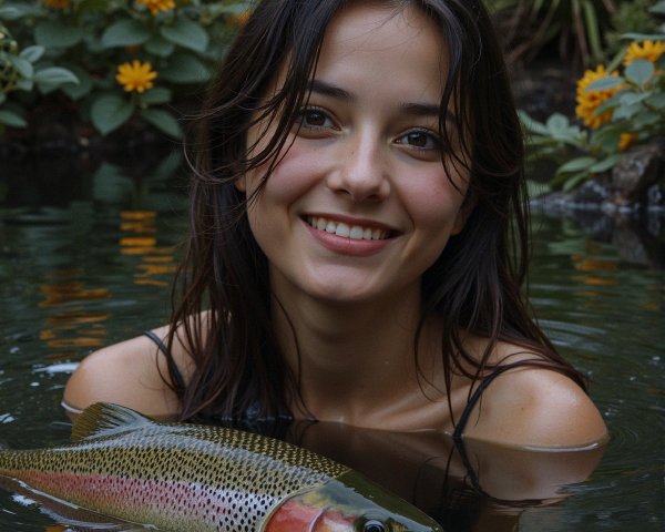 Young woman in water with fish and flowers