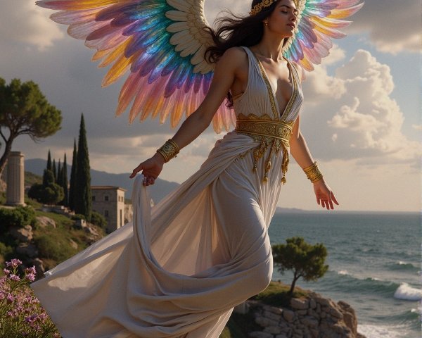 Majestic figure in white gown with iridescent wings
