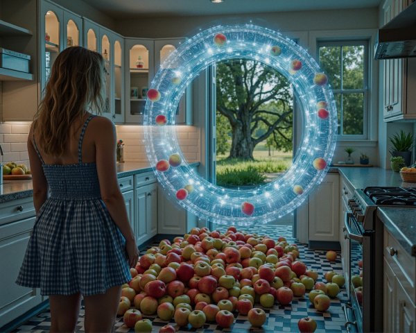 Girl in Blue Dress by Circular Apple Portal in Kitchen