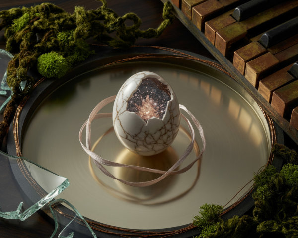 Cracked Egg on Gold Platter with Galaxy and Moss