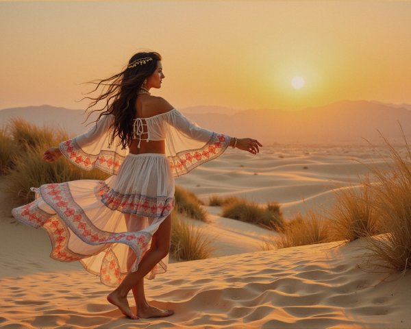Woman in White Dress Dancing in Desert at Sunset