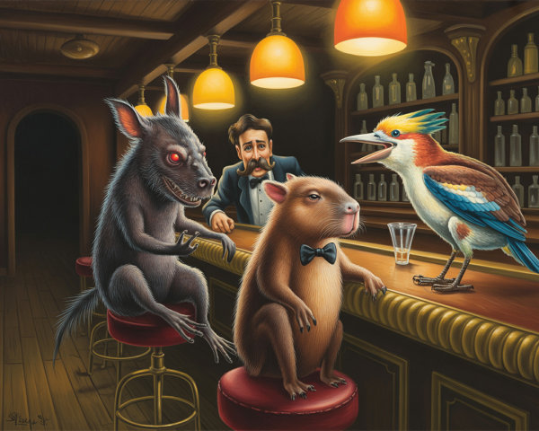 Whimsical Bar Scene with Humanoid Animal and Rodent