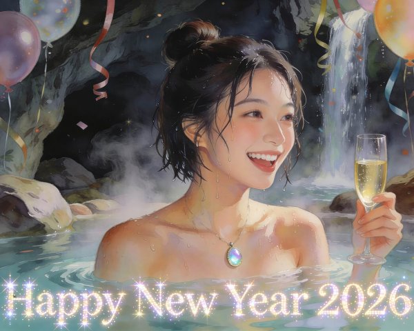 Anime-style digital painting of a woman in a hot spring