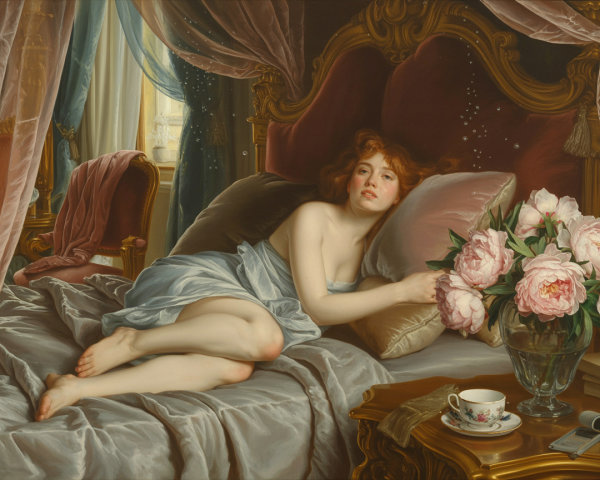 Serene Woman on Lavish Bed Surrounded by Peonies