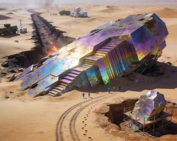 Dystopian Desert Landscape with Metallic Structures