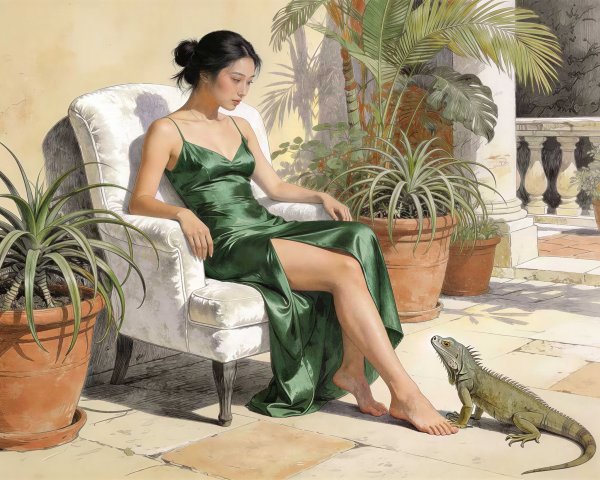 Neo-realistic illustration of a woman and iguana in sunlight