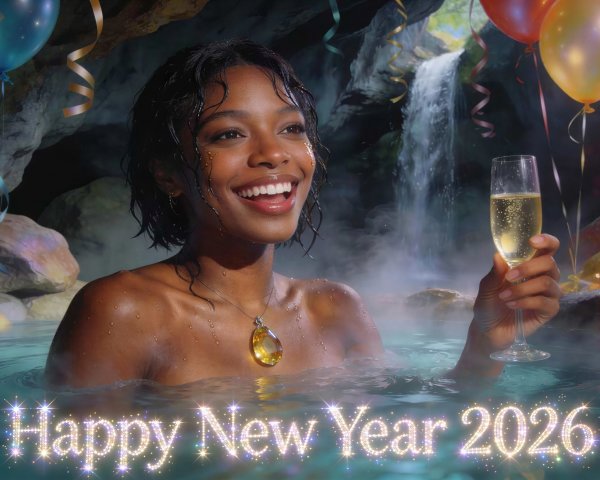 Young Woman in Outdoor Jacuzzi with Champagne and Waterfall