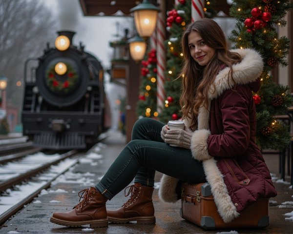 Young Woman on Vintage Suitcase in Festive Winter Scene