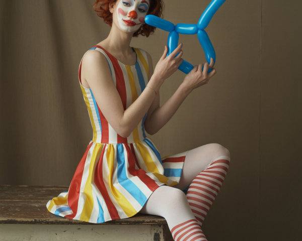 Clown in Colorful Dress with Balloon Dog on Chair
