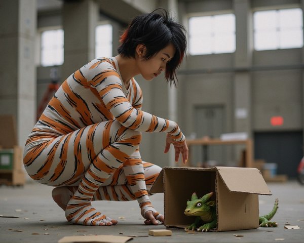 Young woman observing a green dragon figure in box