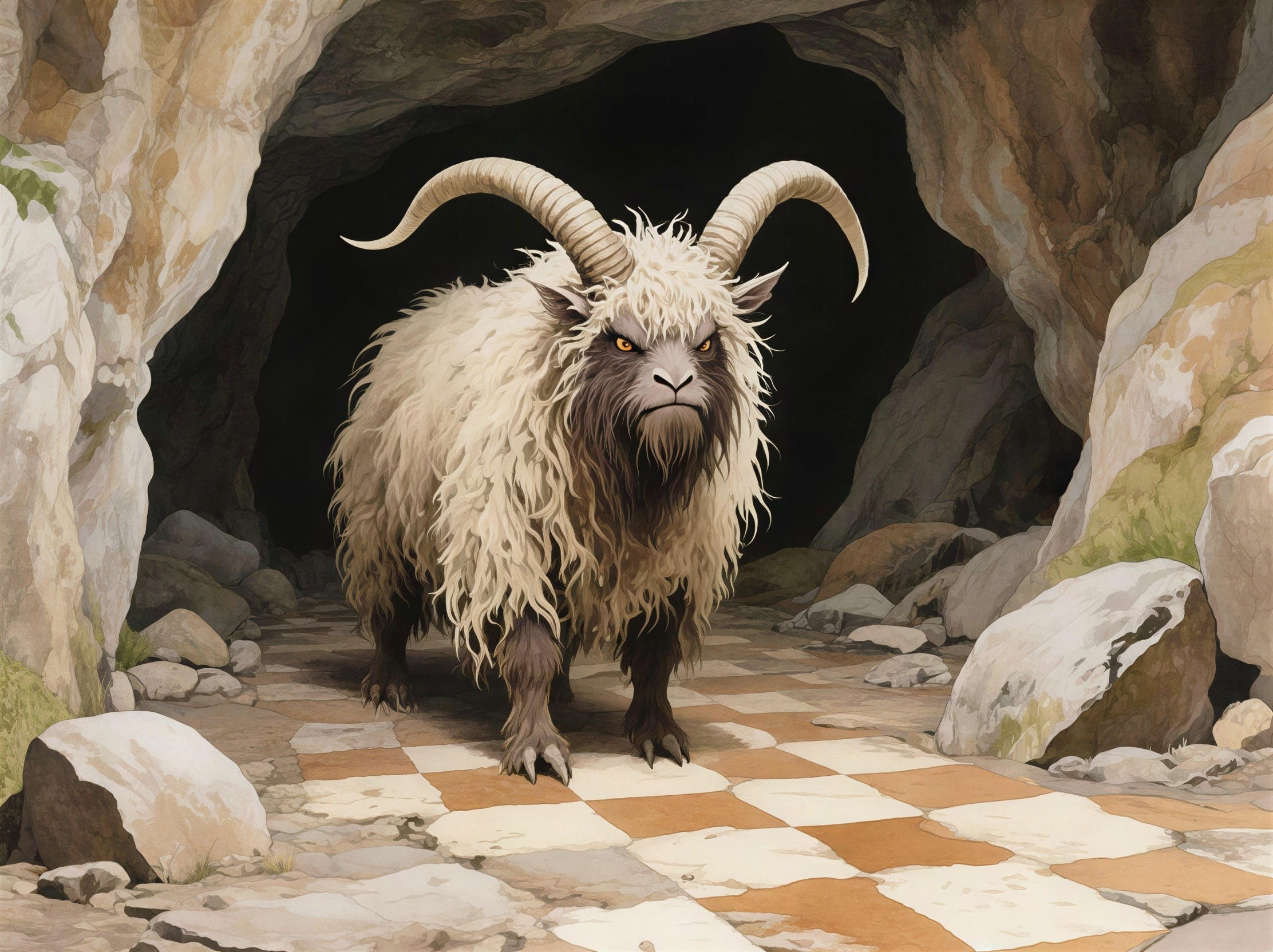 Fluffy Horned Monster in Dark Cave with Checkered Tiles