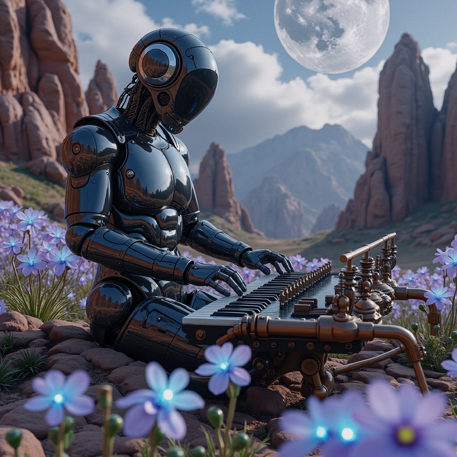 Surreal Landscape with Robot and Vibrant Flowers