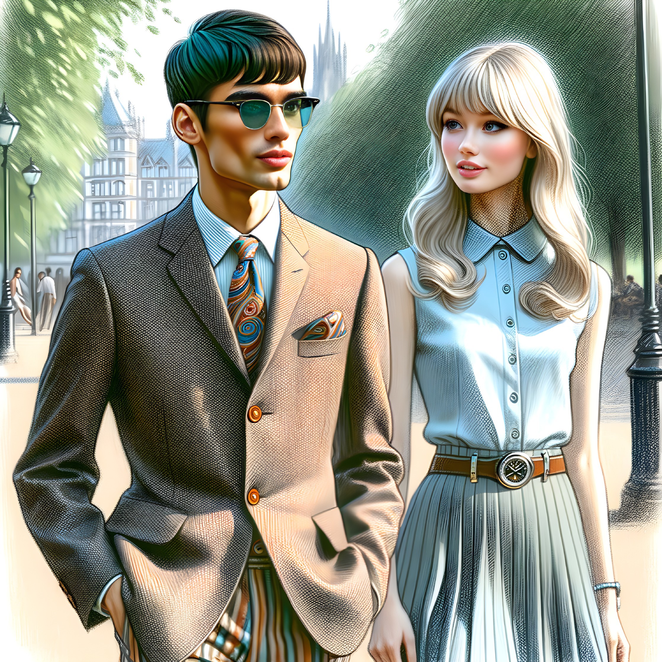 Vintage-inspired stylish man and woman in city park setting with sunlight filtering through trees