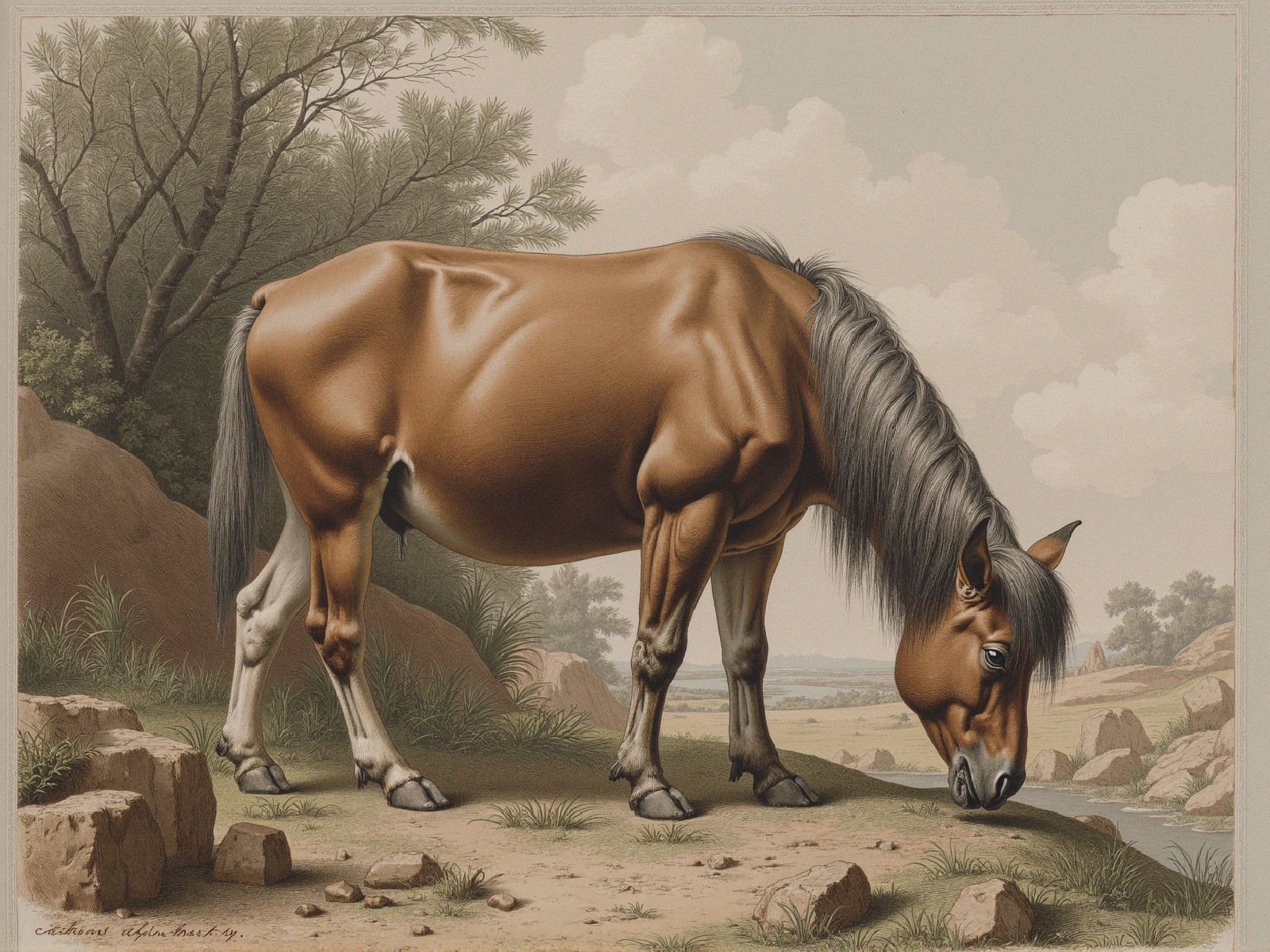 Detailed Illustration of a Brown Horse by a Stream
